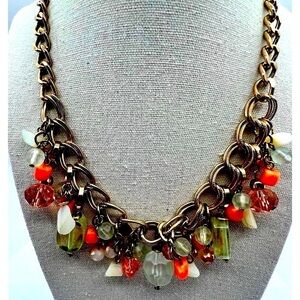 Chunky Gold  Tone Chain  Necklace W/ Colorful Beads & Charms   A48
